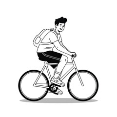 Naklejka premium Line art illustration of a smiling young man with a backpack riding a bicycle.