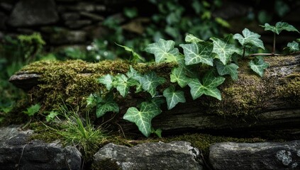 Naklejka premium Ivy clinging to a mossy log, nestled in stone walls