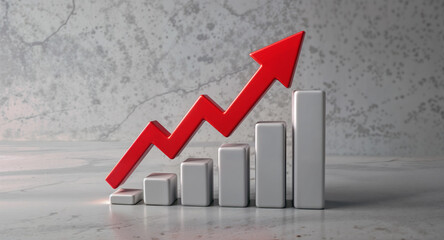3D Bar Graph with Red Upward Arrow &ndash; Symbol of Growth and Progress