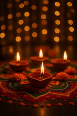 Decorative Oil Lamps with Rangoli and Marigold Flowers for Diwali Festival