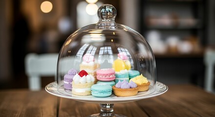 Assorted Colorful Macarons, Cupcakes, and Pastries Under a Glass Cake Dome on a Wooden Table