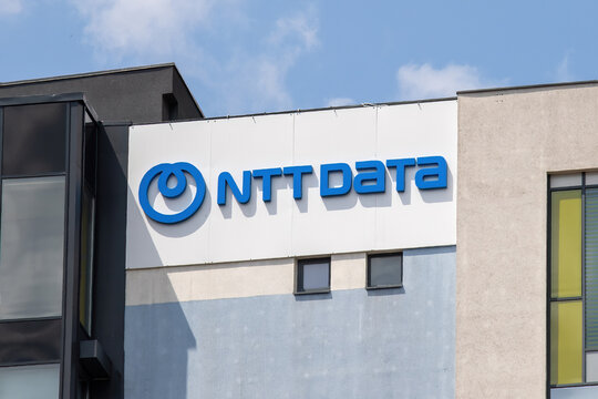 NTT Data logo sign on the top of the building.