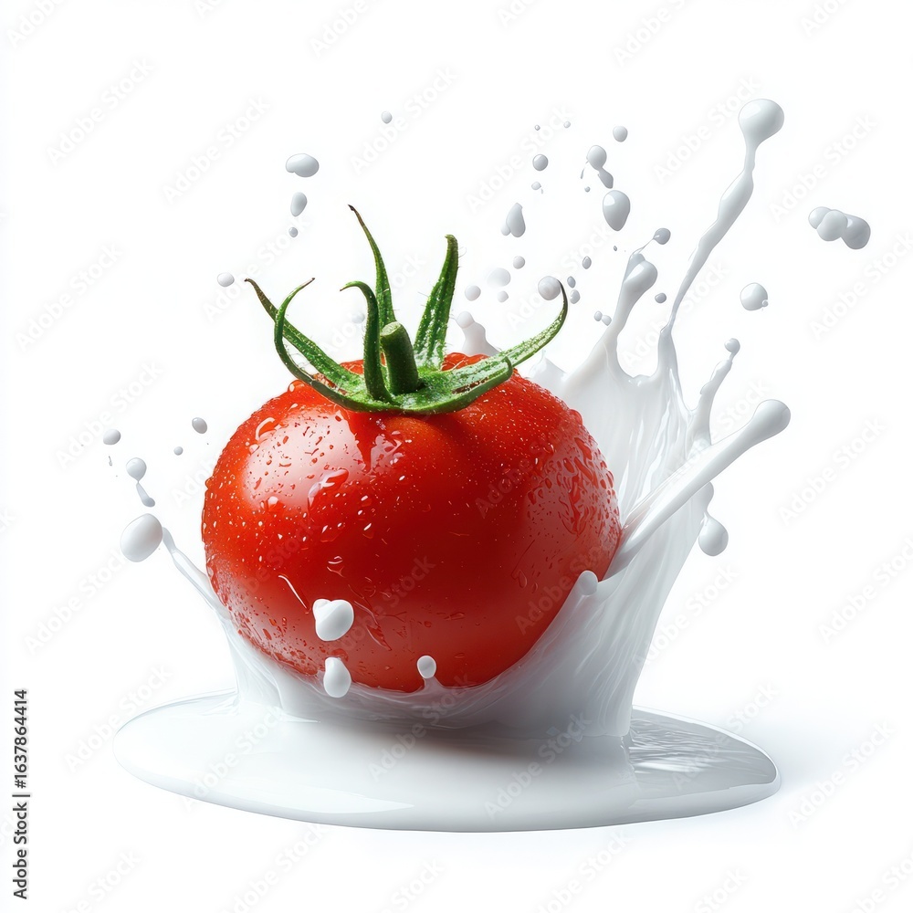 Aufkleber fresh red tomato splashing into milk creating a dynamic food photography scene with abstract movemen