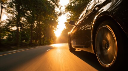 A sleek black sports car speeds down a road during golden hour, warm sunlight filtering through blurred trees,