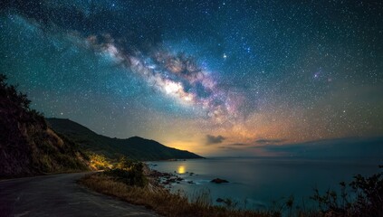 Obraz premium Milky Way over a coastal road at night