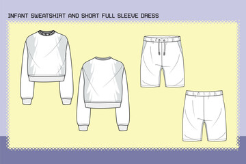 INFANT SWEATSHIRT AND SHORT FULL SLEEVE DRESS FLAT SKETCH FASHION TEMPLATE TECHNICAL DRAWING ILLUSTRATION.cdr