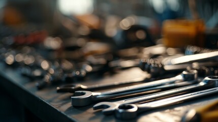An assortment of tools laid out on a workbench, featuring various wrenches with shiny metal surfaces,