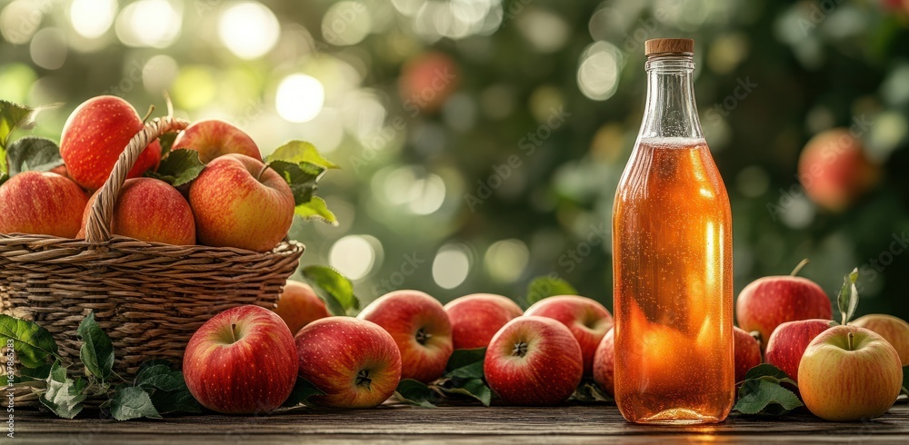Poster freshly harvested apples with bottle of cider in a rustic setting on a wooden table with natural lig