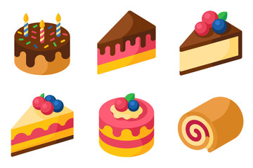 Assorted cake and pastry icons, dessert vector, sweet treat illustration, bakery pastry collection, celebration cake design