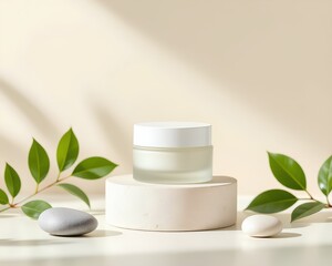 A cosmetic cream jar rests on a stone podium, with green leaves and pebbles creating a serene, natural scene with soft sunlight for a beauty product mockup, promoting organic skincare and wellness.