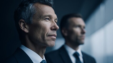 Two men in formal suits, one sharply focused with a contemplative expression, the other blurred,