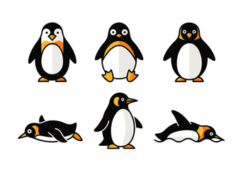 Fototapeta premium Six cartoon penguins posing on white for kids book illustrations, winterthemed designs, nature educational materials, cute social media graphics.