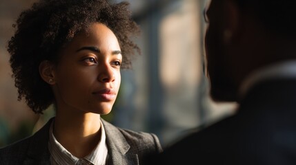 Two professionals engaged in a serious discussion, one with a determined expression and curly hair,