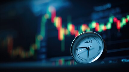 Stock Market Timing: Clock Face Overlaid on Stock Chart Showing Financial Market Volatility