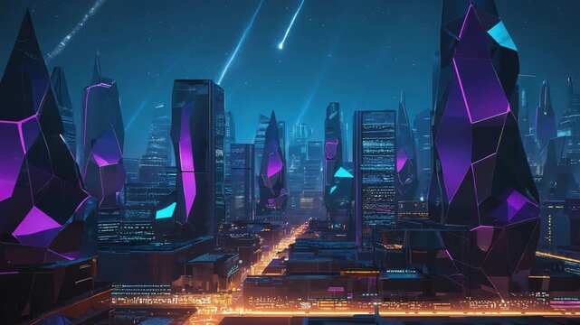 shooting star ove the futuristic city landscape