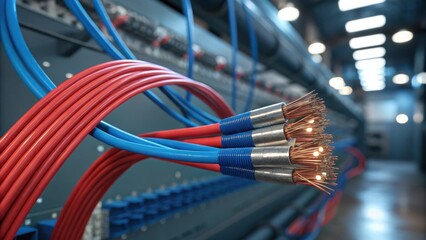 Bundles of fiber optic cables are connected to a server in a data center