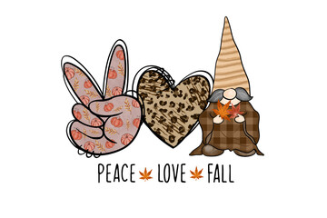 Peace Love Fall - Hand Peace Sign Gnome Fall Graphic Sublimation Design	