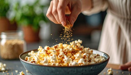 Hand Sprinkling Seasoning On Popcorn In Bowl