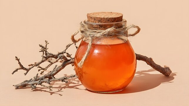 Amber liquid in a glass jar with rustic twine. - Powered by Adobe