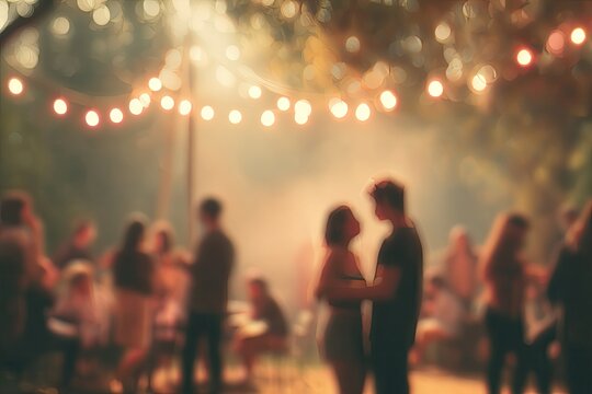 Blurred outdoor party, warm lights, hazy atmosphere - Powered by Adobe