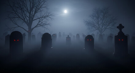 Spooky graveyard scene at night with glowing red eyes and fog under a full moon in the sky ai generated