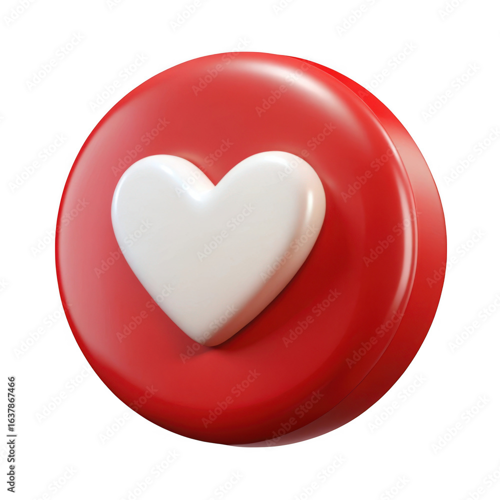 Poster glossy white heart on red circle isolated on transparent background