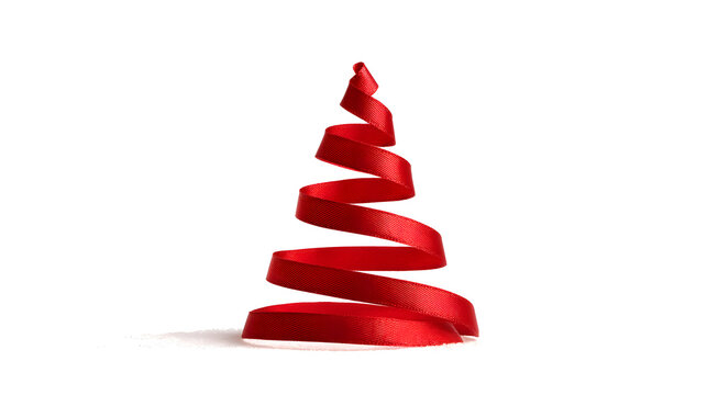 Stylized red ribbon shaped like a Christmas tree, isolated on white. Ideal for minimal holiday visuals, design mockups, or festive branding.
