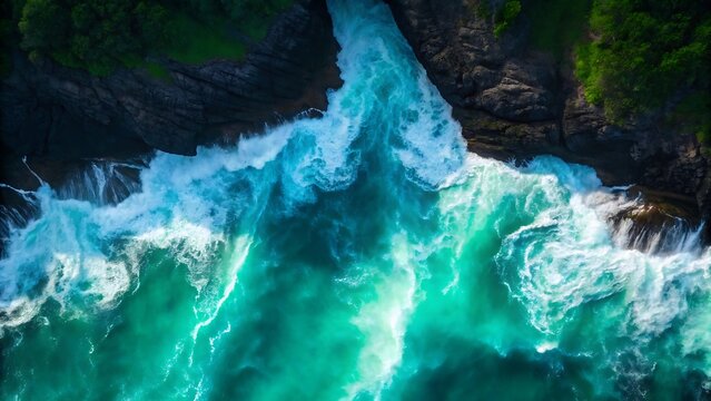 Aerial view of turquoise ocean waves crashing on rocky coastline