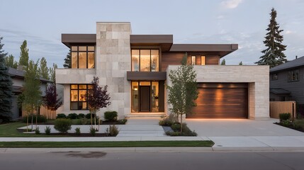 Fototapeta premium Modern house facade with stone and wood exterior.