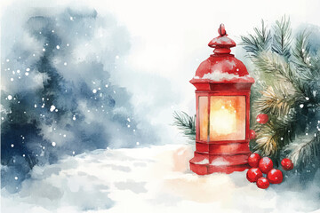 Watercolor Christmas landscape with pine tree branch, lantern and berries