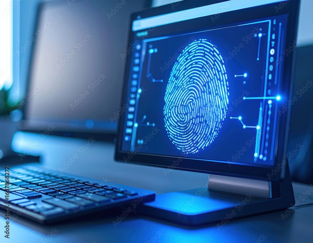 Poster modern computer screen showing fingerprint graphic