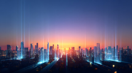 Fototapeta premium Abstract futuristic cityscape with digital-style red lights and a dramatic sunset. Perfect for sci-fi, innovation, and future urban themes.