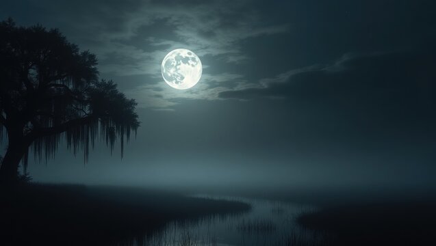 Whispers Beneath the Weeping Tree in the Moonlit Marsh