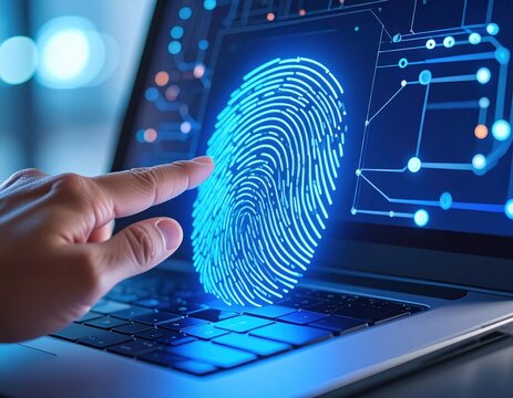 Hand Touching Fingerprint Overlay On Laptop Screen