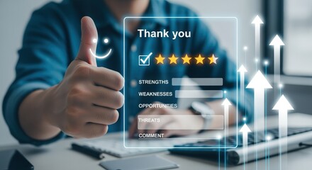 Customer Giving Positive Feedback with Five Star Rating via Digital Interface and Arrows
