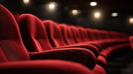Rows of plush red seating inside a darkened auditorium or cinema ready for patrons