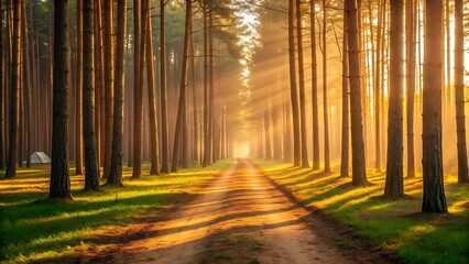 Sunlight filters through tall pine trees lining a forest path