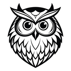Stylized Monochrome Owl Head Illustration; Bold Line Art;  Wise, Serene, and Majestic Bird;  Perfect for Branding, Logos, or Educational Materials;  Vector Graphic Design Element.