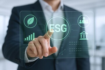 Fototapeta premium Environmental, Social, Governance concept. Businessman touching ESG icon on virtual screen representing sustainable organizational development and investment