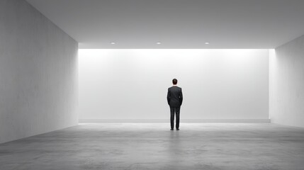 Obraz premium Businessman Stands in Empty Room Contemplating Future Opportunities and Challenges in Minimalist Environment