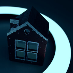 Square image of a toy house illuminated around by an LED lamp. Energy saving lighting technologies...