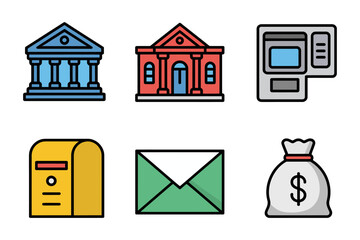 Bank and post office icon set, government building vector, mail and money illustration, finance and communication collection, public service design