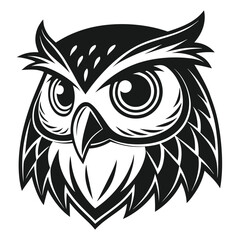Powerful Black and White Owl Head Illustration;  Intense Gaze, Vintage Style, Mascot Design, Bold Graphic, Perfect for Branding, Logos, and Print Media.