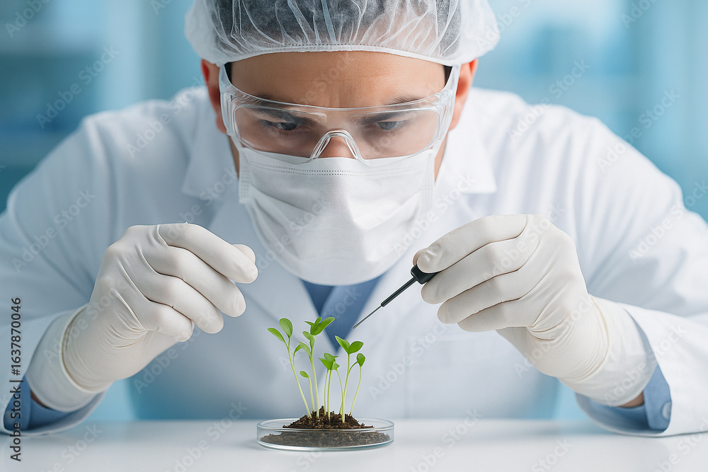 Poster ai generated a scientist performing genetic engineering on seedlings in sterile lab showing precisio