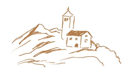 Brown Ink Sketch of a Chapel on a Hill with Tower and Simple Outlines
