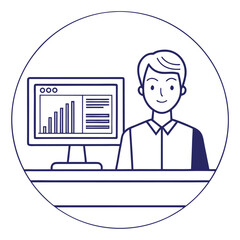 Smiling young businessman reviewing positive financial data displayed on a computer monitor; clean, minimalist line art illustration; professional, corporate, and optimistic mood.