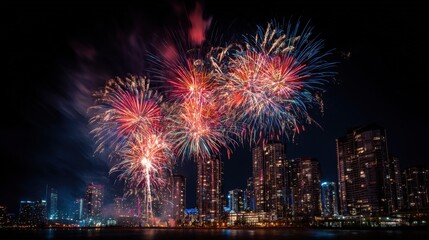 Spectacular Fireworks Display Over City Skyline at Night, Celebrating New Year or Festive Occasion