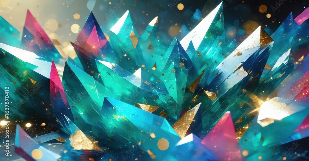 Poster abstract crystal formations, vibrant colors, dynamic lighting. sharp edges, glowing particles create