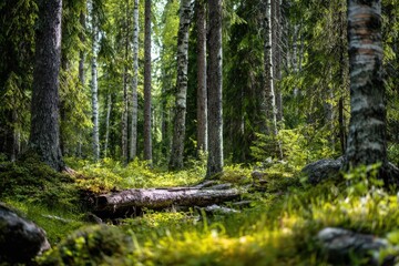 Obraz premium Sunlight Drenched Forest Path With Birch Trees
