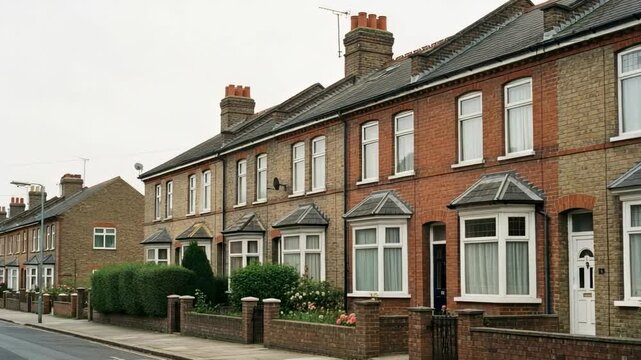 Row of traditional English terraced houses on a suburban street. Classic British brick homes with bay windows under an overcast sky.